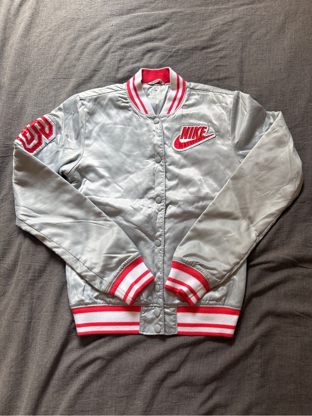Nike Silver and Red Varsity Jacket S